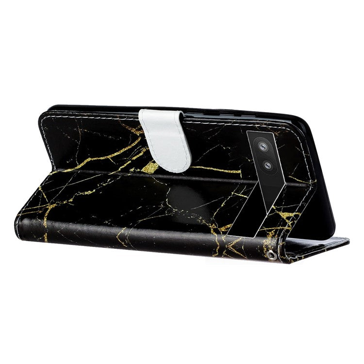 Wallet Phone Case for Google Pixel 7a Anti-Drop Shockproof Case Pattern Printing Leather Flip Cover - Black Gold Marble