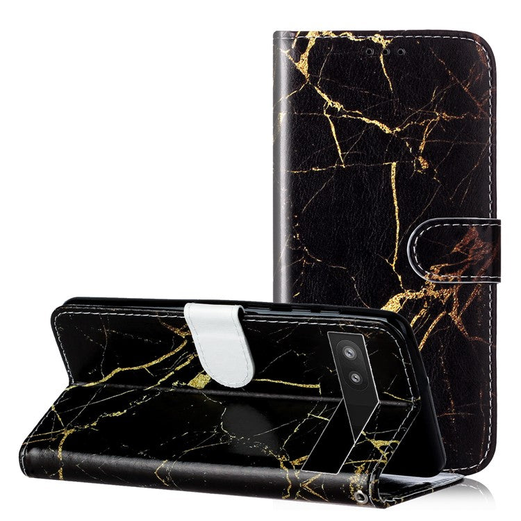 Wallet Phone Case for Google Pixel 7a Anti-Drop Shockproof Case Pattern Printing Leather Flip Cover - Black Gold Marble