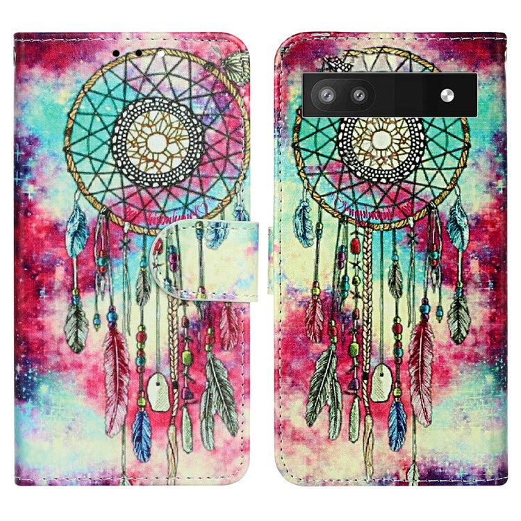 Wallet Phone Case for Google Pixel 7a Anti-Drop Shockproof Case Pattern Printing Leather Flip Cover - Green Wind Chime