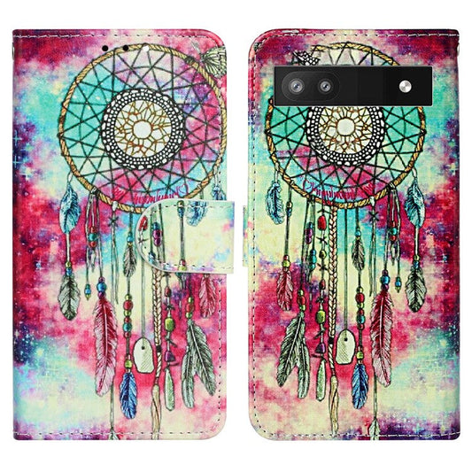 Wallet Phone Case for Google Pixel 7a Anti-Drop Shockproof Case Pattern Printing Leather Flip Cover - Green Wind Chime