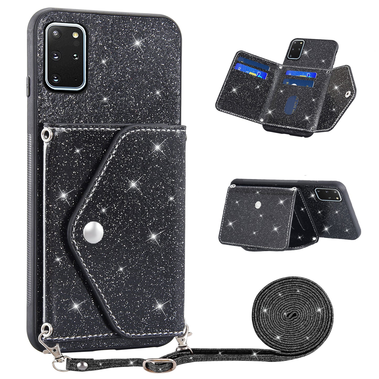 For Samsung Galaxy S20 Plus 4G / 5G Glitter Phone Case Leather Coated TPU Card Holder Cover with Kickstand - Black