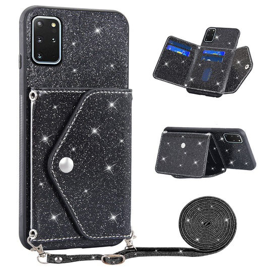 For Samsung Galaxy S20 Plus 4G / 5G Glitter Phone Case Leather Coated TPU Card Holder Cover with Kickstand - Black
