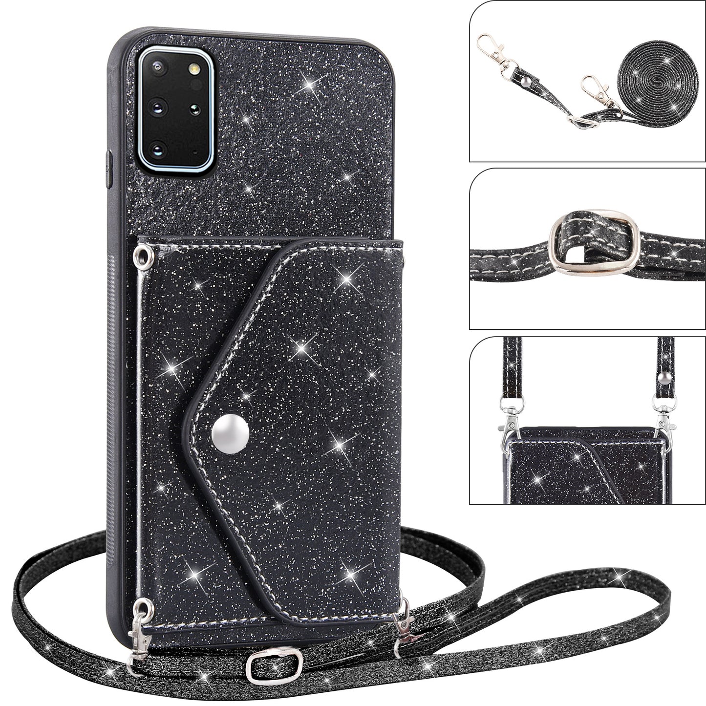 For Samsung Galaxy S20 Plus 4G / 5G Glitter Phone Case Leather Coated TPU Card Holder Cover with Kickstand - Black