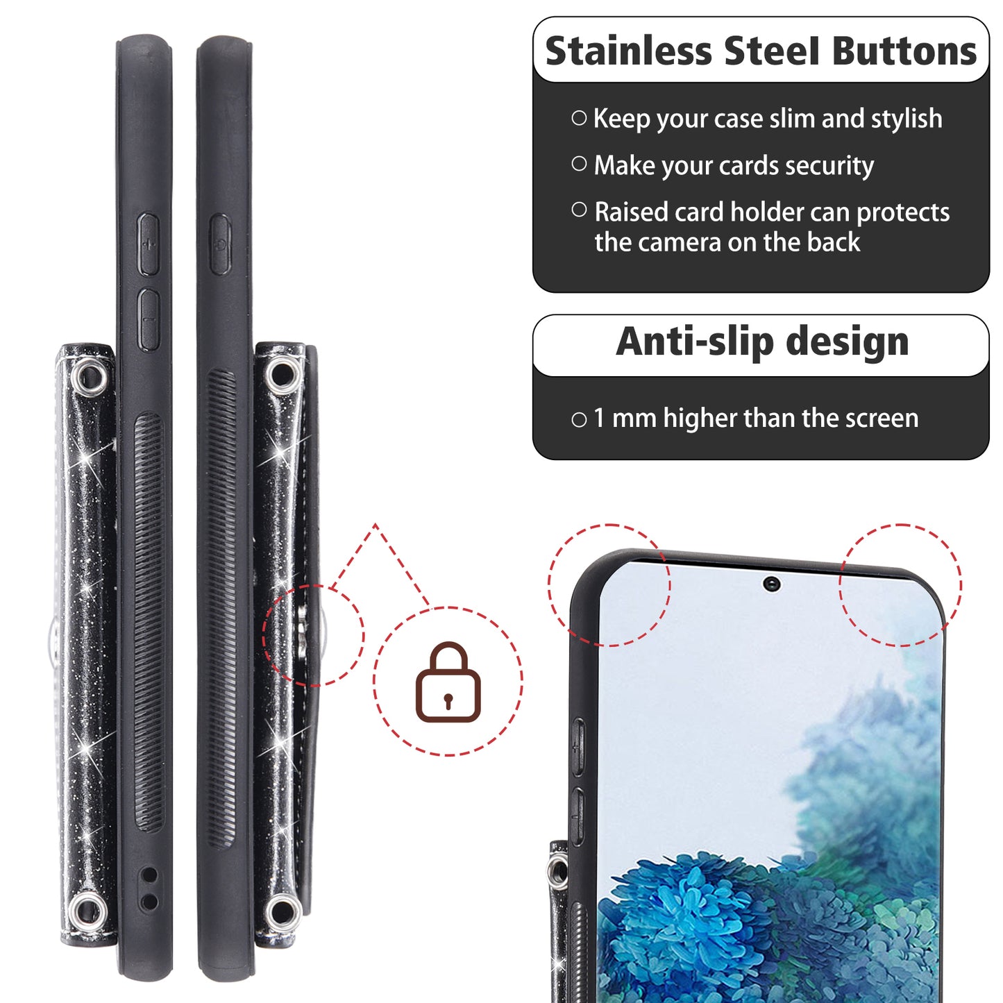 For Samsung Galaxy S20 Plus 4G / 5G Glitter Phone Case Leather Coated TPU Card Holder Cover with Kickstand - Black