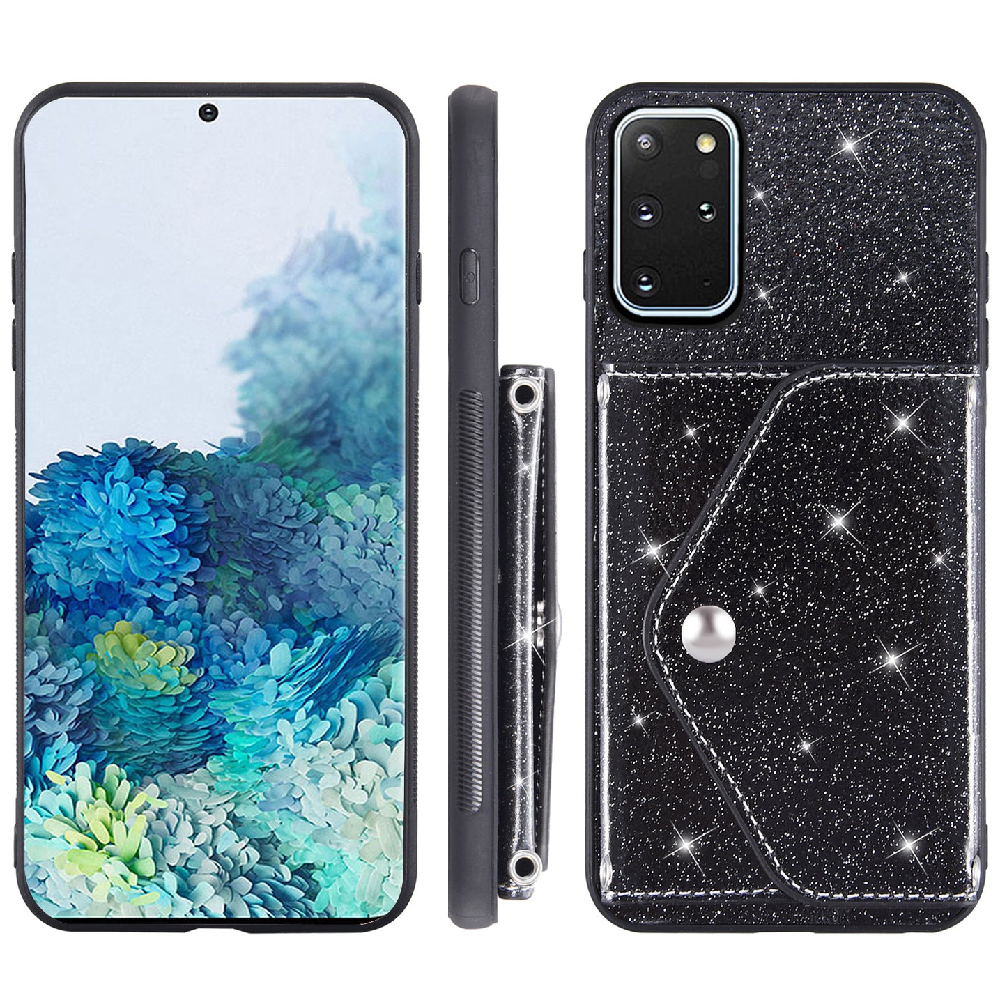 For Samsung Galaxy S20 Plus 4G / 5G Glitter Phone Case Leather Coated TPU Card Holder Cover with Kickstand - Black