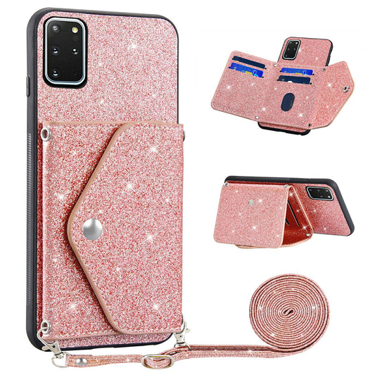 For Samsung Galaxy S20 Plus 4G / 5G Glitter Phone Case Leather Coated TPU Card Holder Cover with Kickstand - Pink