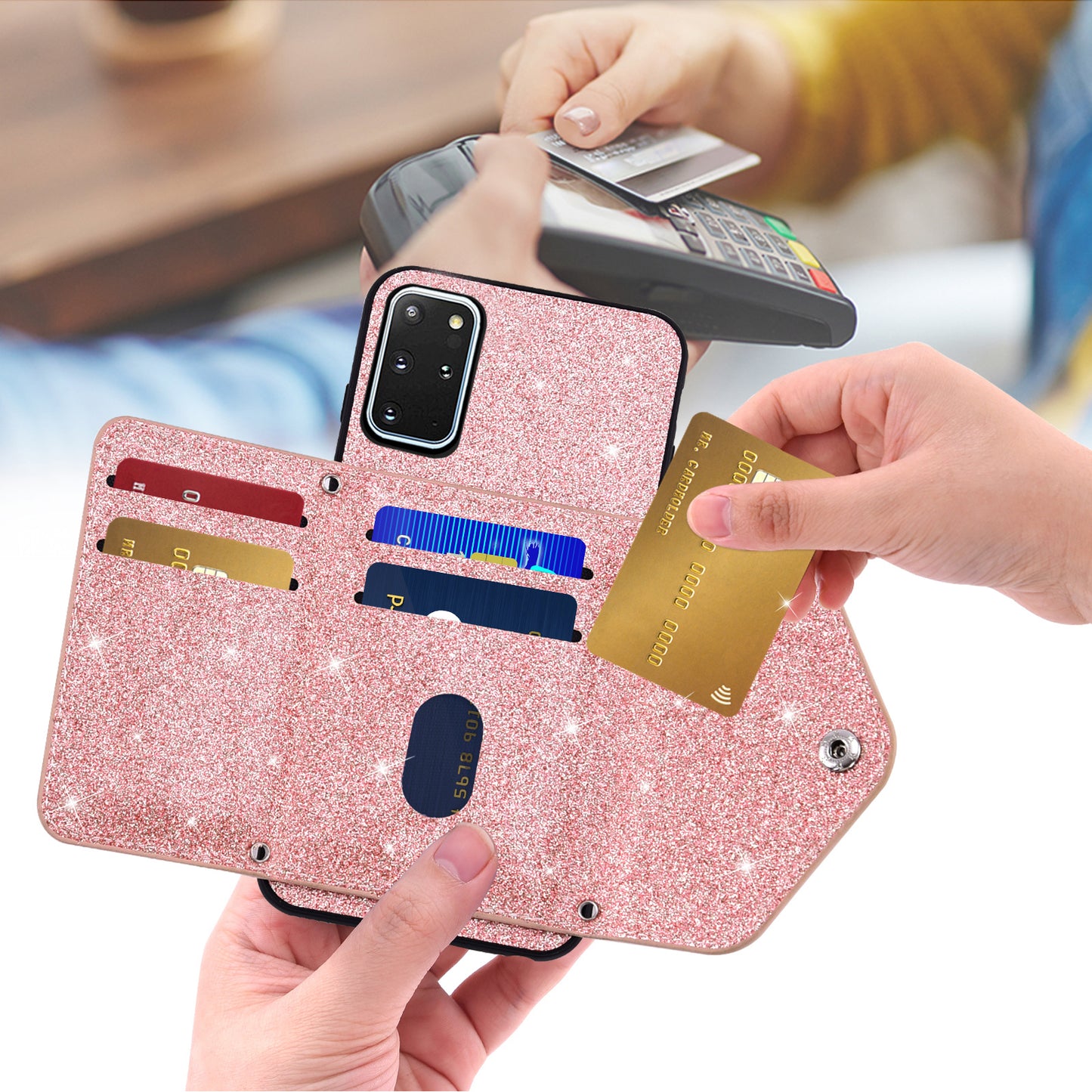 For Samsung Galaxy S20 Plus 4G / 5G Glitter Phone Case Leather Coated TPU Card Holder Cover with Kickstand - Pink