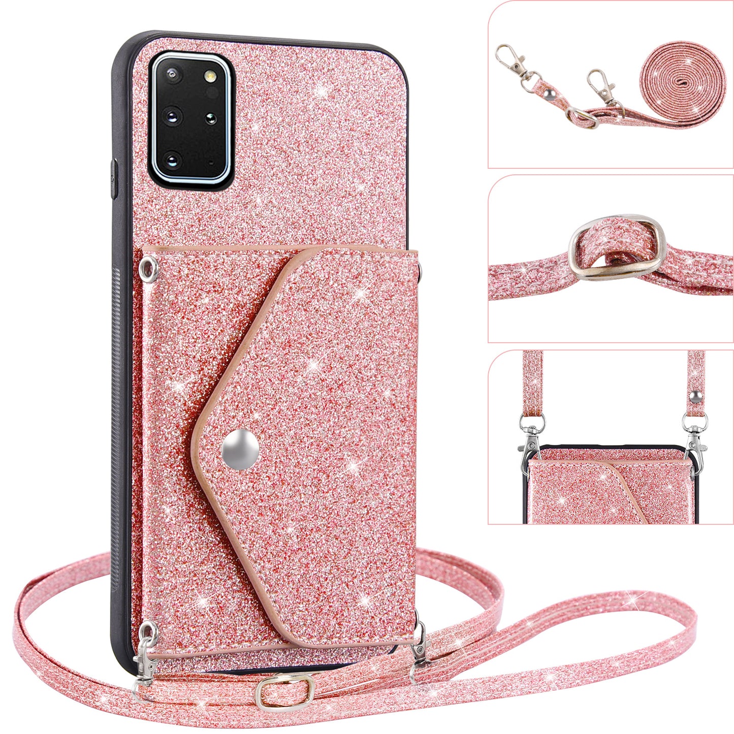 For Samsung Galaxy S20 Plus 4G / 5G Glitter Phone Case Leather Coated TPU Card Holder Cover with Kickstand - Pink