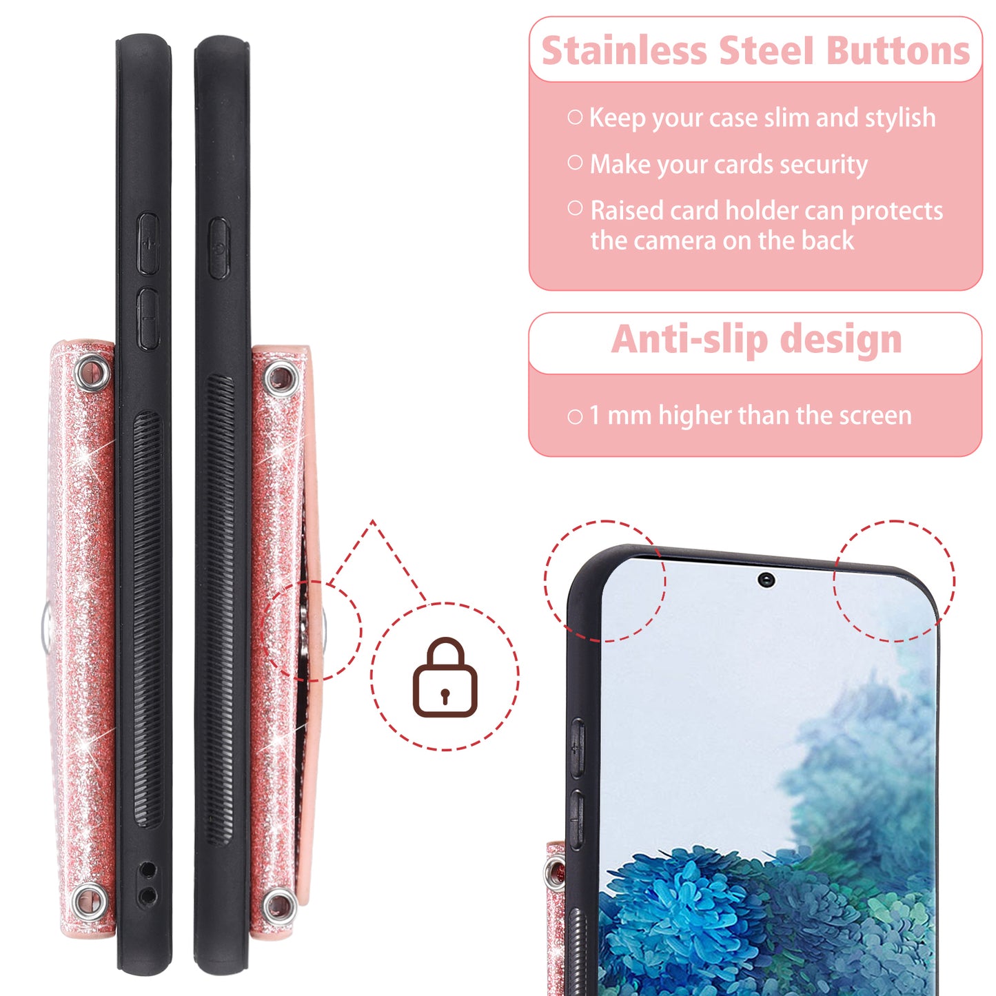 For Samsung Galaxy S20 Plus 4G / 5G Glitter Phone Case Leather Coated TPU Card Holder Cover with Kickstand - Pink