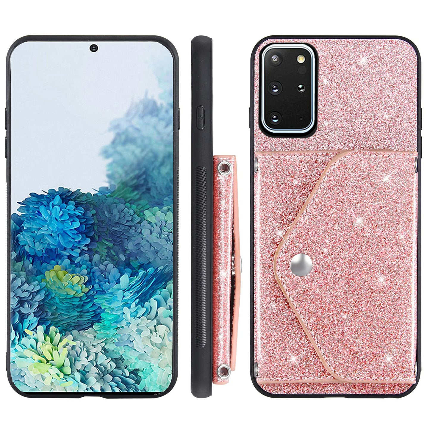 For Samsung Galaxy S20 Plus 4G / 5G Glitter Phone Case Leather Coated TPU Card Holder Cover with Kickstand - Pink