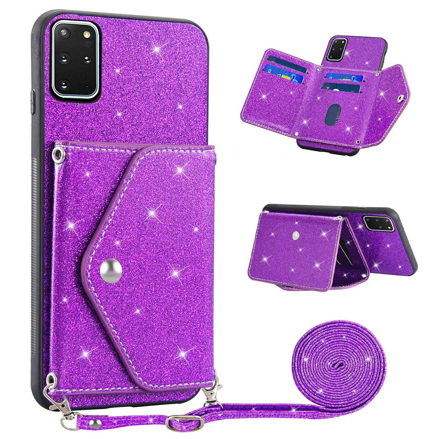 For Samsung Galaxy S20 Plus 4G / 5G Glitter Phone Case Leather Coated TPU Card Holder Cover with Kickstand - Purple