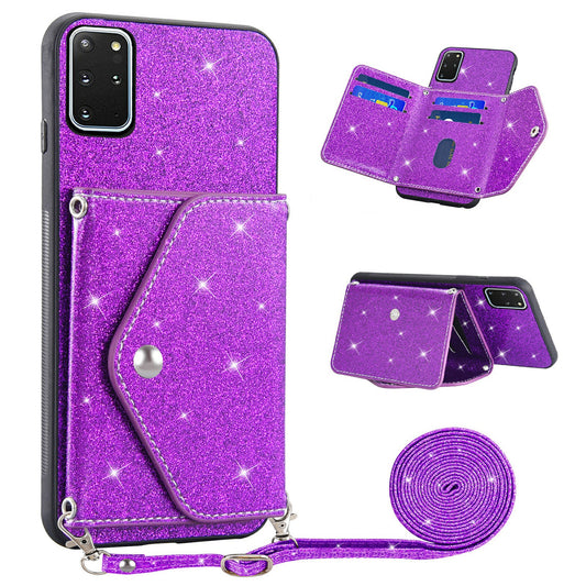 For Samsung Galaxy S20 Plus 4G / 5G Glitter Phone Case Leather Coated TPU Card Holder Cover with Kickstand - Purple