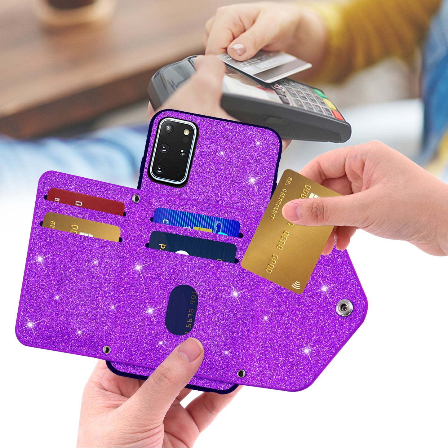 For Samsung Galaxy S20 Plus 4G / 5G Glitter Phone Case Leather Coated TPU Card Holder Cover with Kickstand - Purple