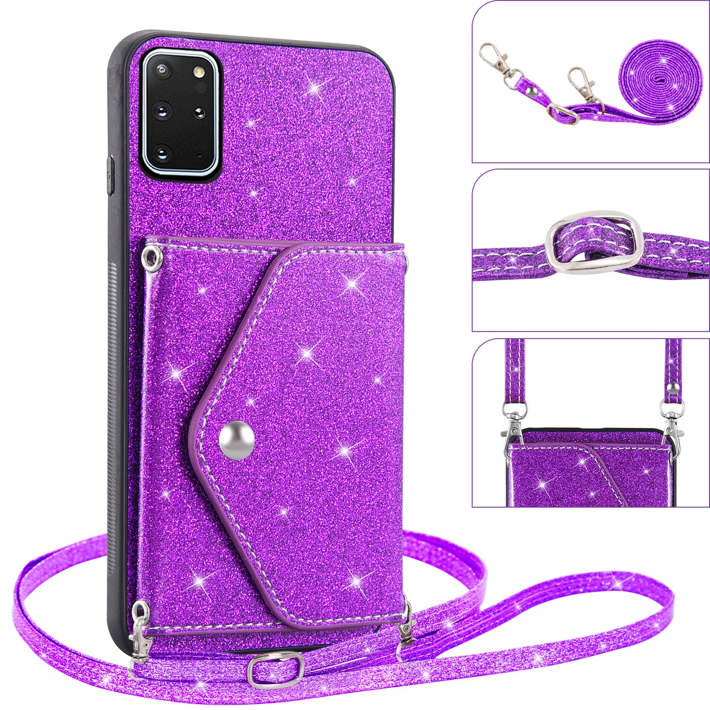 For Samsung Galaxy S20 Plus 4G / 5G Glitter Phone Case Leather Coated TPU Card Holder Cover with Kickstand - Purple