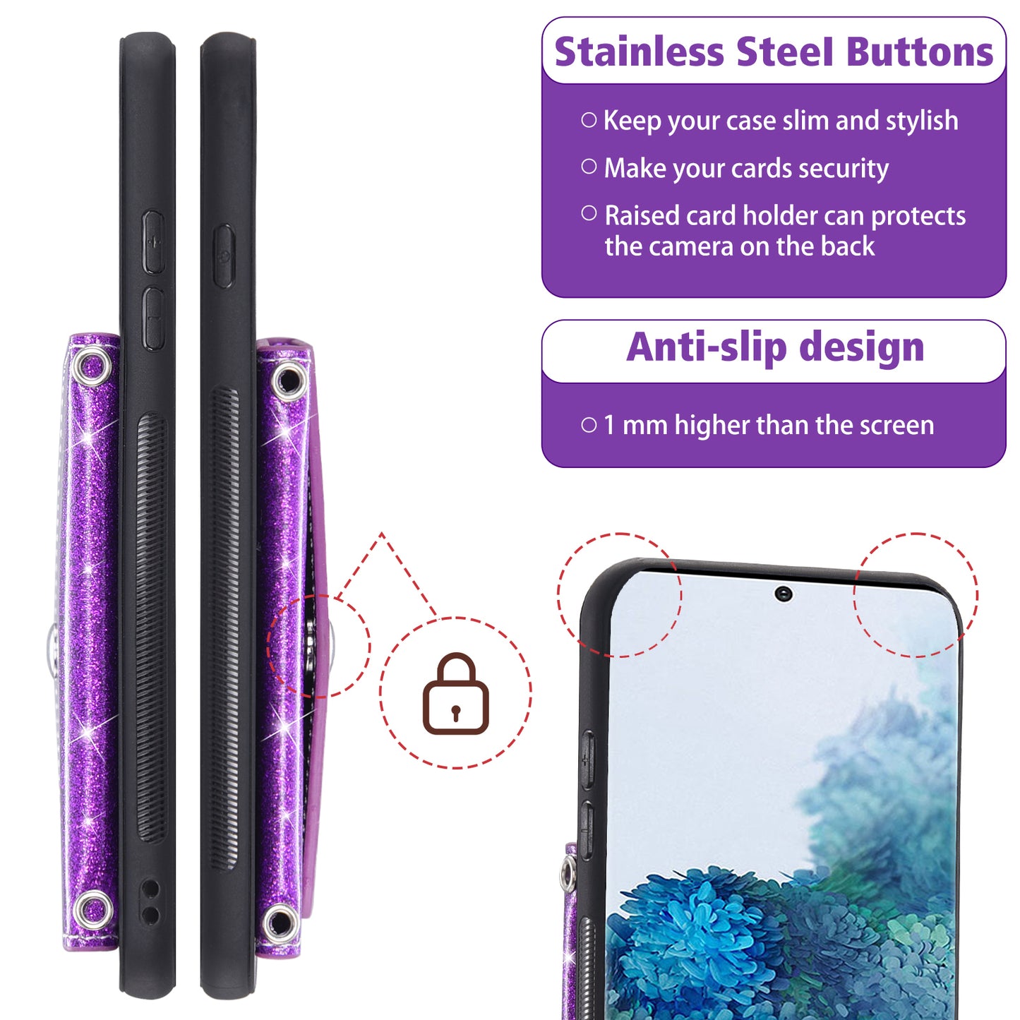 For Samsung Galaxy S20 Plus 4G / 5G Glitter Phone Case Leather Coated TPU Card Holder Cover with Kickstand - Purple