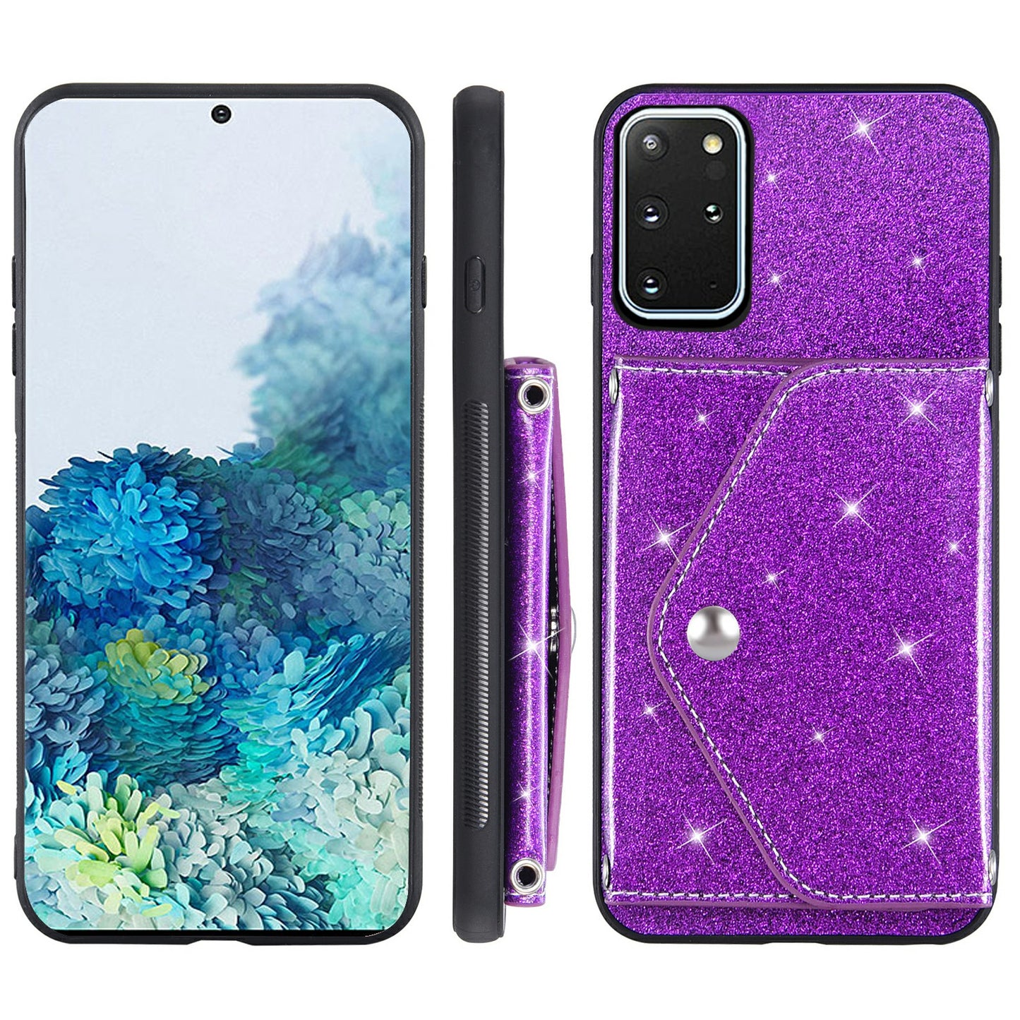 For Samsung Galaxy S20 Plus 4G / 5G Glitter Phone Case Leather Coated TPU Card Holder Cover with Kickstand - Purple