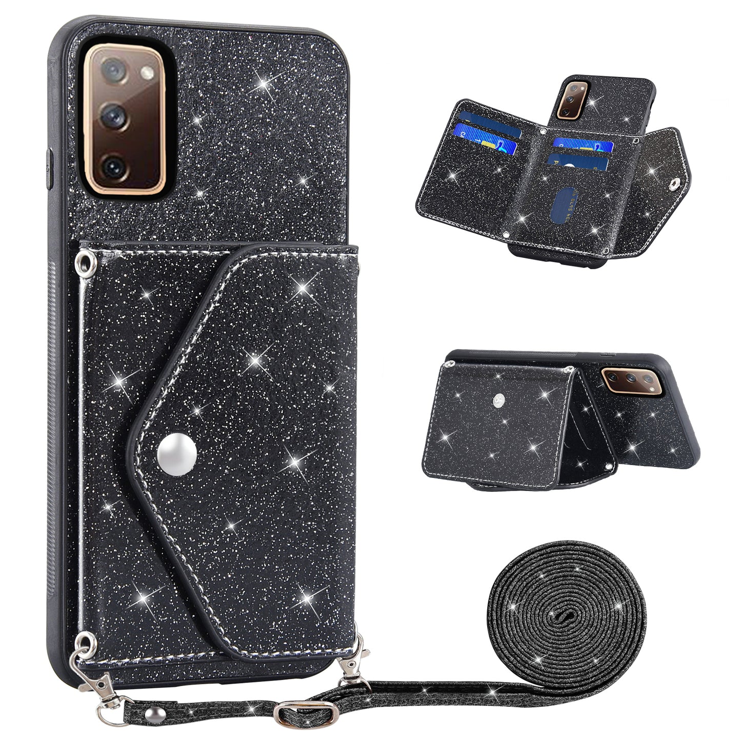 For Samsung Galaxy S20 Lite / S20 FE / S20 FE 5G / S20 FE 2022 Triangle Card Holder Kickstand PU Leather+TPU Phone Cover - Black