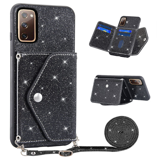For Samsung Galaxy S20 Lite / S20 FE / S20 FE 5G / S20 FE 2022 Triangle Card Holder Kickstand PU Leather+TPU Phone Cover - Black