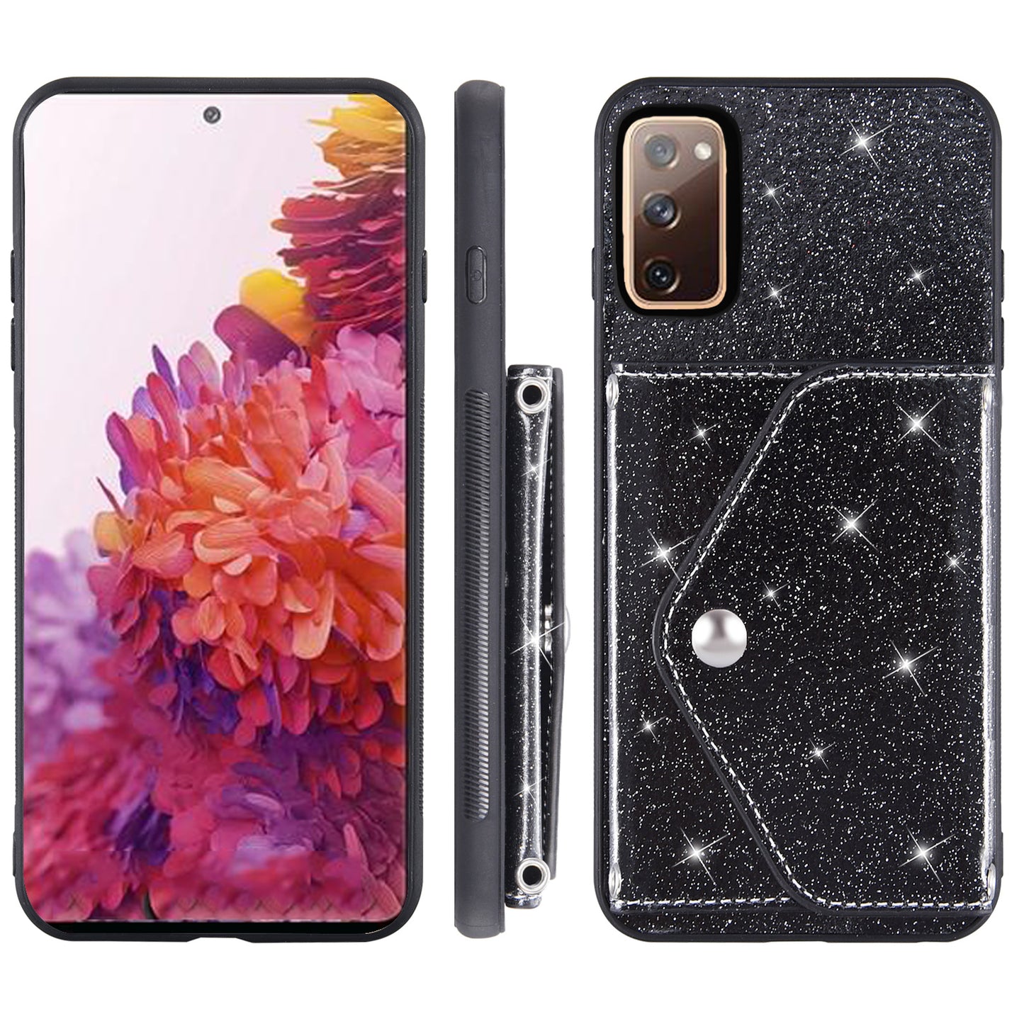 For Samsung Galaxy S20 Lite / S20 FE / S20 FE 5G / S20 FE 2022 Triangle Card Holder Kickstand PU Leather+TPU Phone Cover - Black