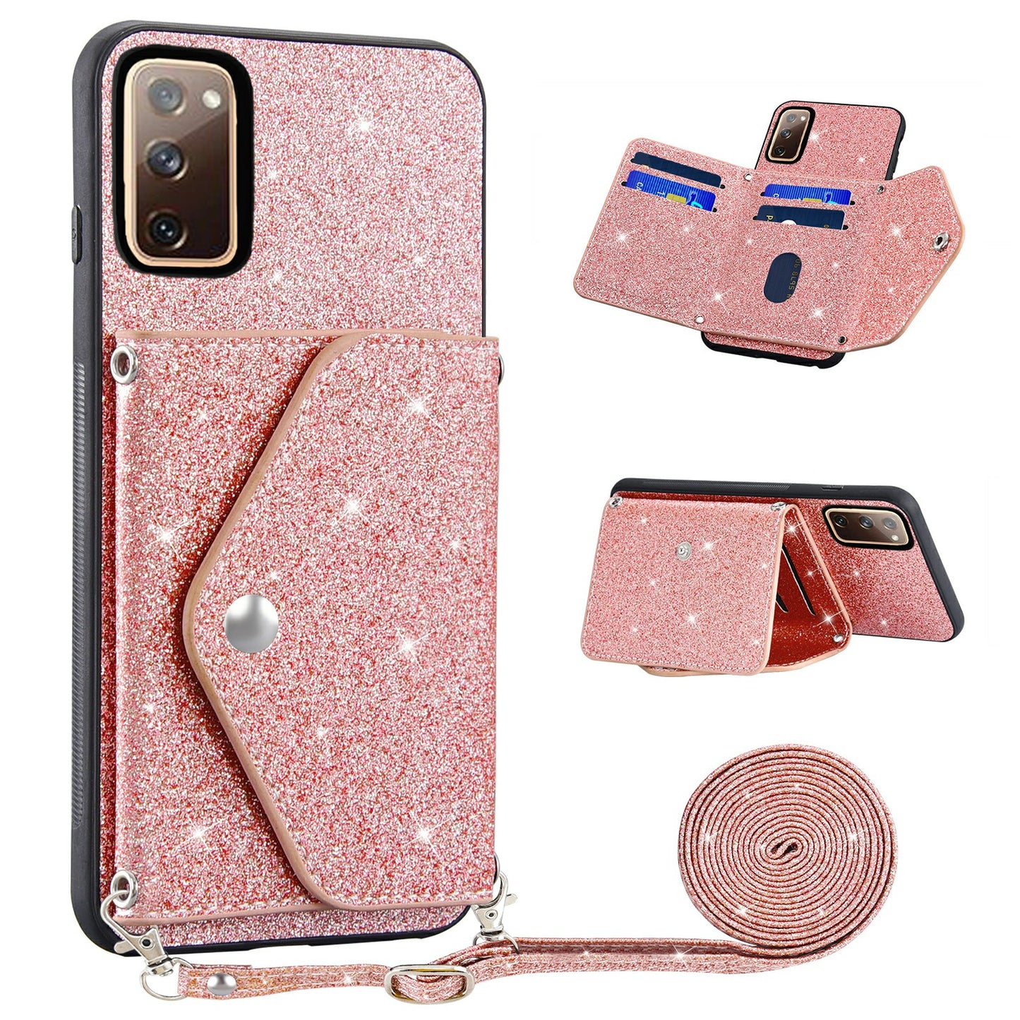 For Samsung Galaxy S20 Lite / S20 FE / S20 FE 5G / S20 FE 2022 Triangle Card Holder Kickstand PU Leather+TPU Phone Cover - Pink
