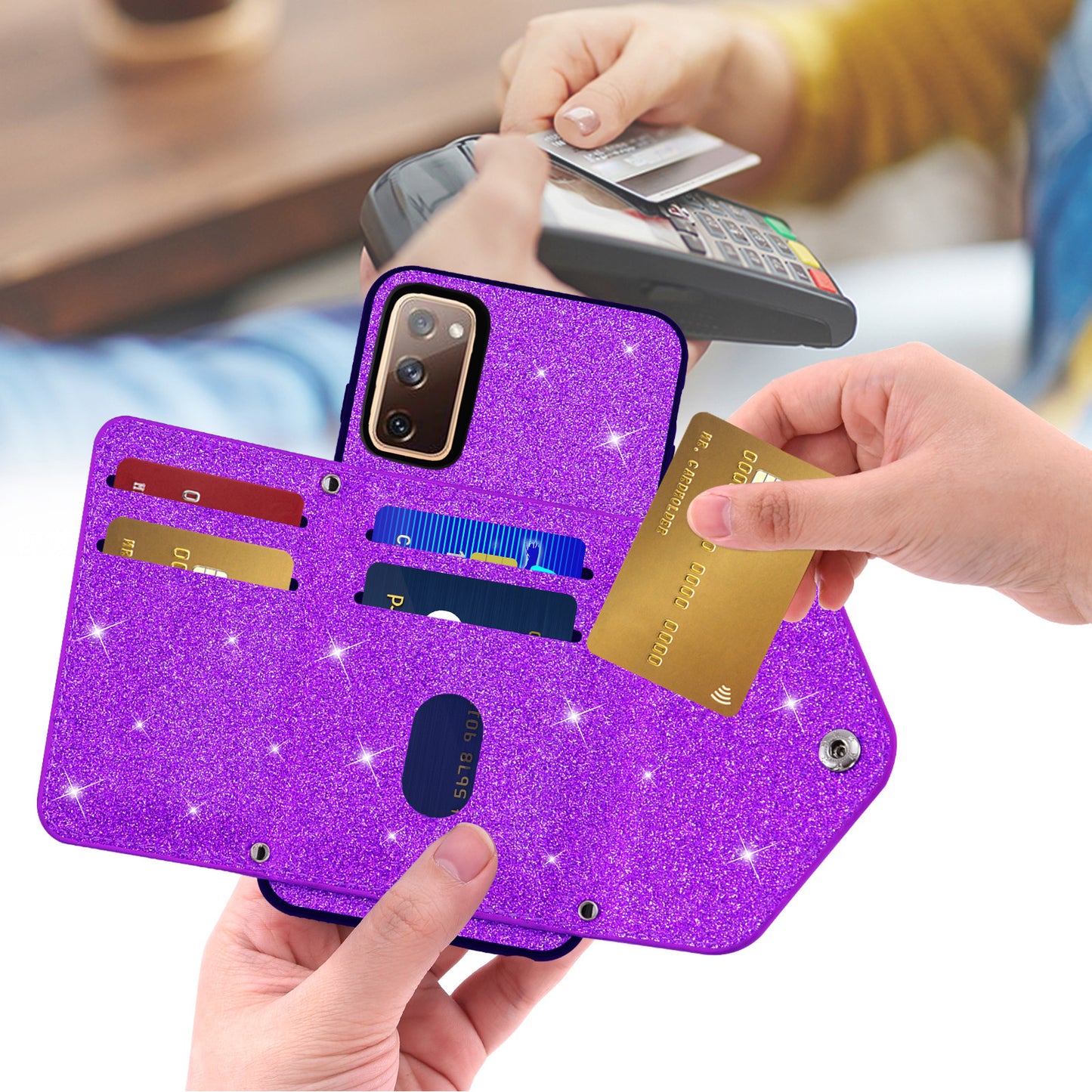 For Samsung Galaxy S20 Lite / S20 FE / S20 FE 5G / S20 FE 2022 Triangle Card Holder Kickstand PU Leather+TPU Phone Cover - Purple