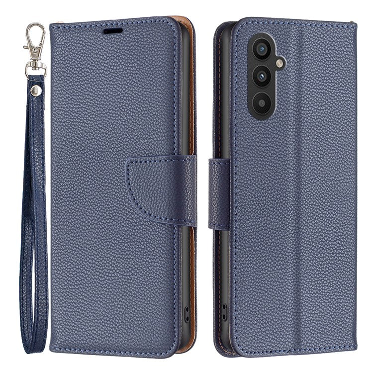 For Samsung Galaxy A24 4G (162.1 x 77.6 x 8.3mm) PU Leather Wallet Cover Litchi Texture Flip Stand Phone Case with Strap - Dark Blue