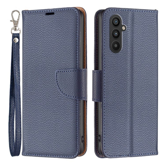 For Samsung Galaxy A24 4G (162.1 x 77.6 x 8.3mm) PU Leather Wallet Cover Litchi Texture Flip Stand Phone Case with Strap - Dark Blue