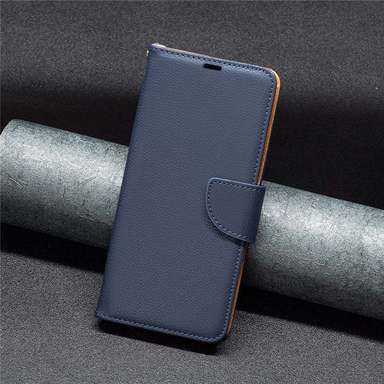 For Samsung Galaxy A24 4G (162.1 x 77.6 x 8.3mm) PU Leather Wallet Cover Litchi Texture Flip Stand Phone Case with Strap - Dark Blue