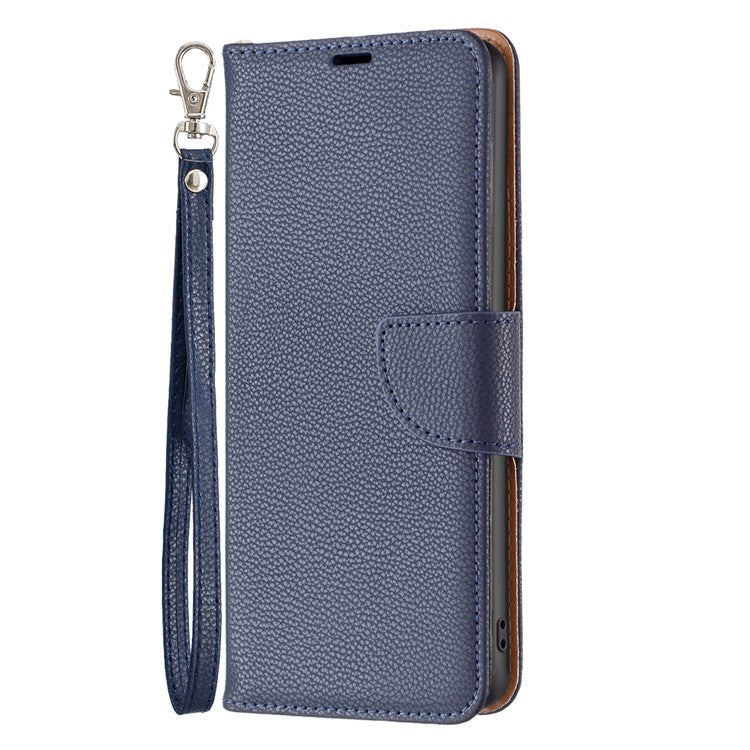 For Samsung Galaxy A24 4G (162.1 x 77.6 x 8.3mm) PU Leather Wallet Cover Litchi Texture Flip Stand Phone Case with Strap - Dark Blue