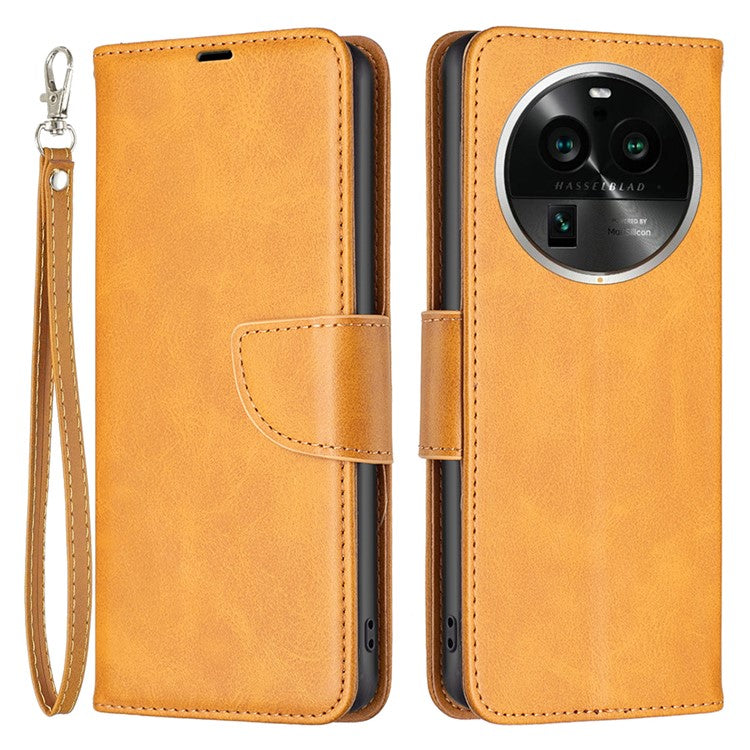 Solid Color Textured PU Leather Phone Case for Oppo Find X6 Pro , Wallet Anti-Scratch Stand Phone Cover with Strap - Yellow