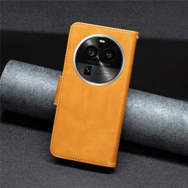 Solid Color Textured PU Leather Phone Case for Oppo Find X6 Pro , Wallet Anti-Scratch Stand Phone Cover with Strap - Yellow