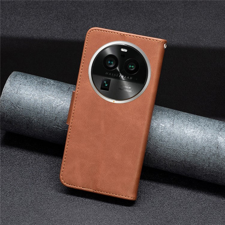 Solid Color Textured PU Leather Phone Case for Oppo Find X6 Pro , Wallet Anti-Scratch Stand Phone Cover with Strap - Brown