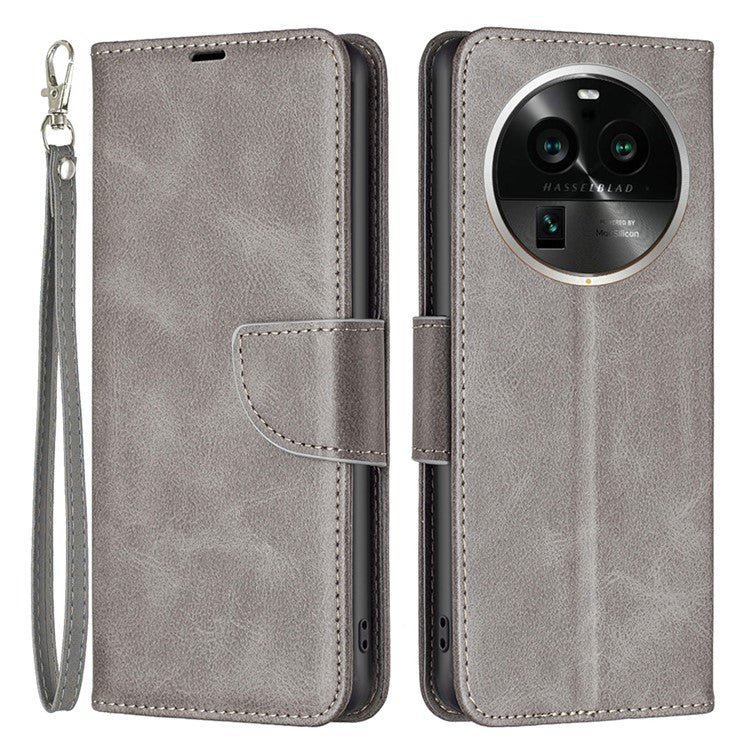 Solid Color Textured PU Leather Phone Case for Oppo Find X6 Pro , Wallet Anti-Scratch Stand Phone Cover with Strap - Grey