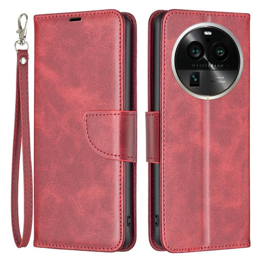 Solid Color Textured PU Leather Phone Case for Oppo Find X6 Pro , Wallet Anti-Scratch Stand Phone Cover with Strap - Red