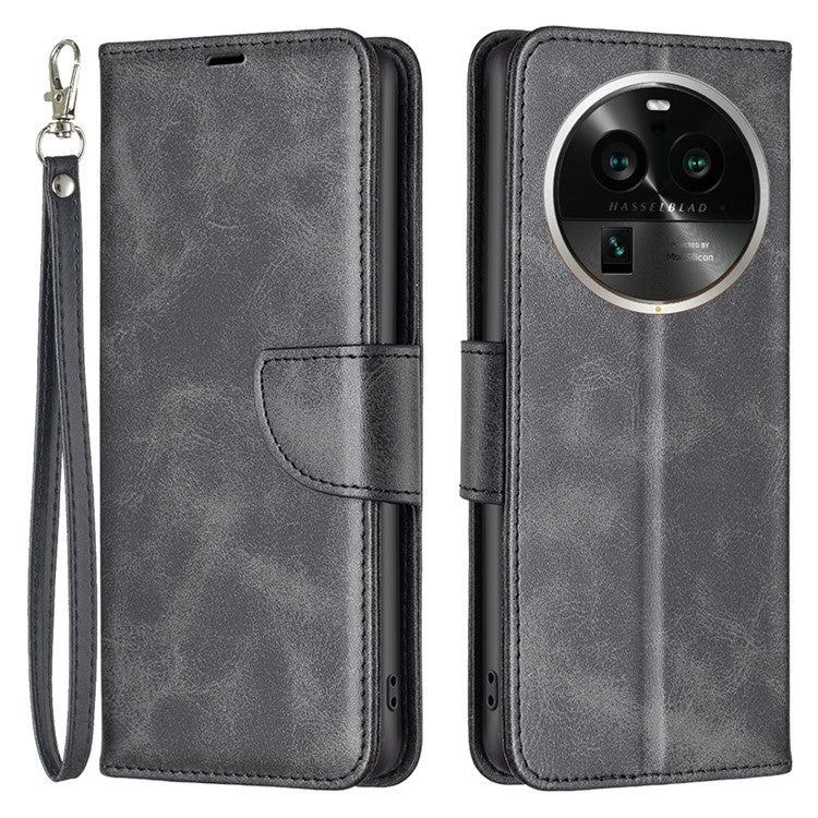 Solid Color Textured PU Leather Phone Case for Oppo Find X6 Pro , Wallet Anti-Scratch Stand Phone Cover with Strap - Black