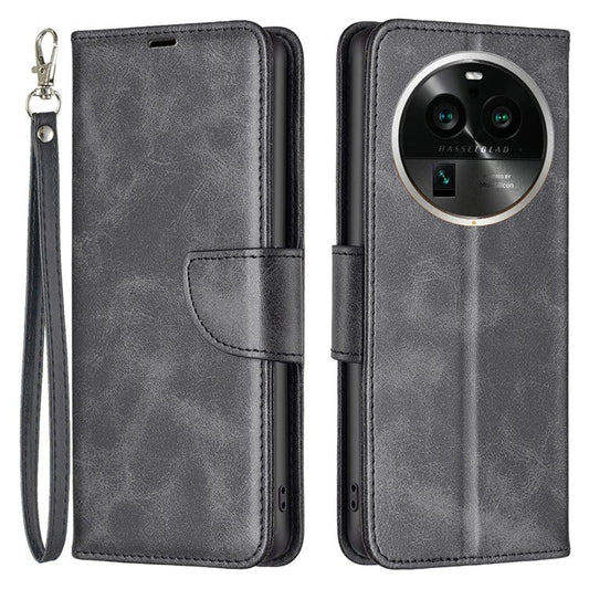 Solid Color Textured PU Leather Phone Case for Oppo Find X6 Pro , Wallet Anti-Scratch Stand Phone Cover with Strap - Black