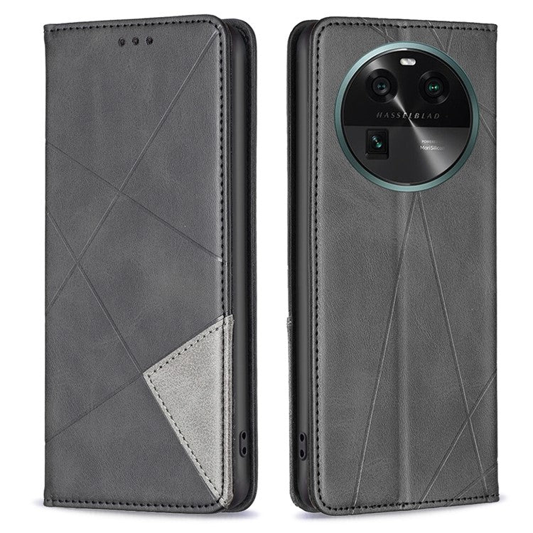 Splicing PU Leather Phone Cover for Oppo Find X6 , Card Holder  Imprinting Pattern Cell Phone Stand Case - Black