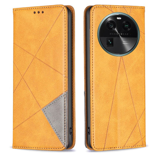 Splicing PU Leather Phone Cover for Oppo Find X6 , Card Holder  Imprinting Pattern Cell Phone Stand Case - Yellow