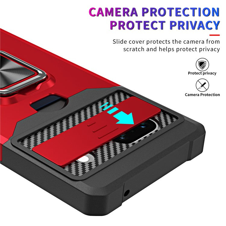 For Google Pixel 7a Card Holder Kickstand Phone Case PC+TPU Hybrid Cover with Slide Camera Lid - Red