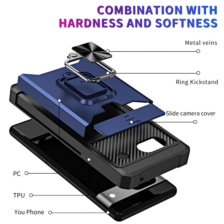 For Google Pixel 7a Card Holder Kickstand Phone Case PC+TPU Hybrid Cover with Slide Camera Lid - Navy Blue