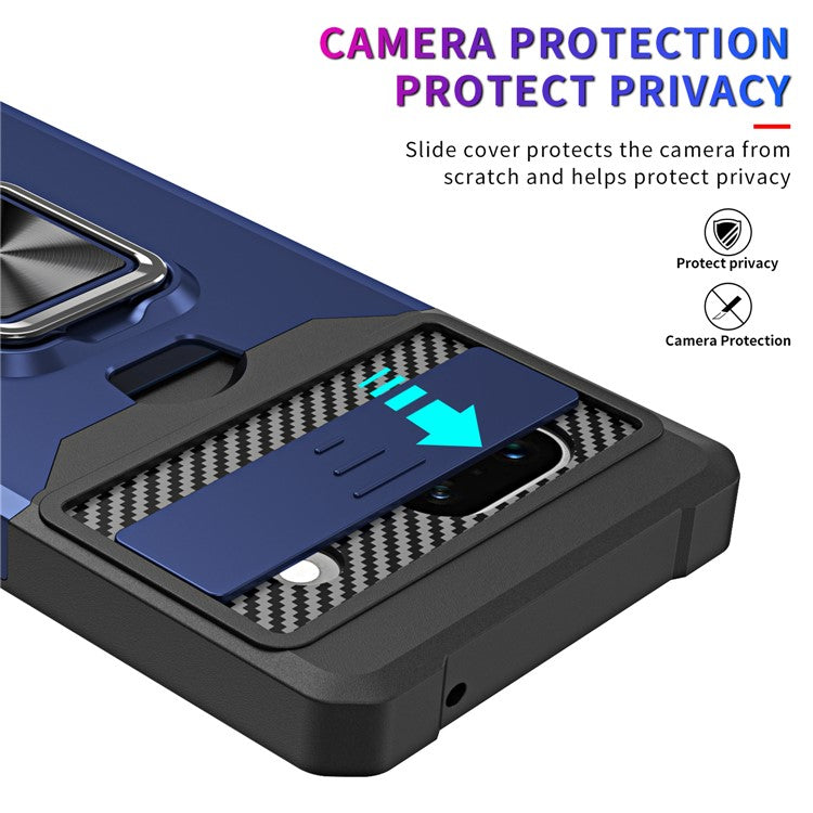 For Google Pixel 7a Card Holder Kickstand Phone Case PC+TPU Hybrid Cover with Slide Camera Lid - Navy Blue