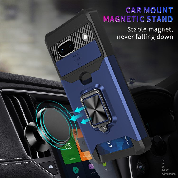 For Google Pixel 7a Card Holder Kickstand Phone Case PC+TPU Hybrid Cover with Slide Camera Lid - Navy Blue