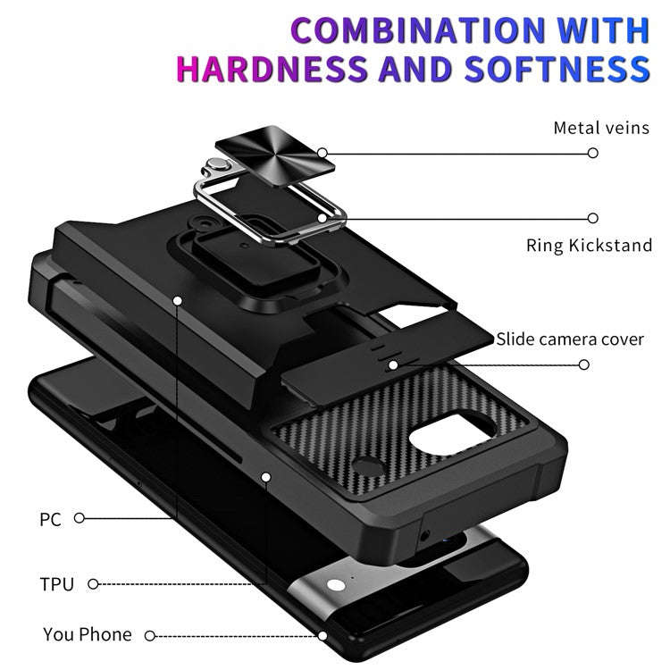 For Google Pixel 7a Card Holder Kickstand Phone Case PC+TPU Hybrid Cover with Slide Camera Lid - Silver