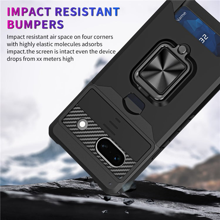 For Google Pixel 7a Card Holder Kickstand Phone Case PC+TPU Hybrid Cover with Slide Camera Lid - Silver