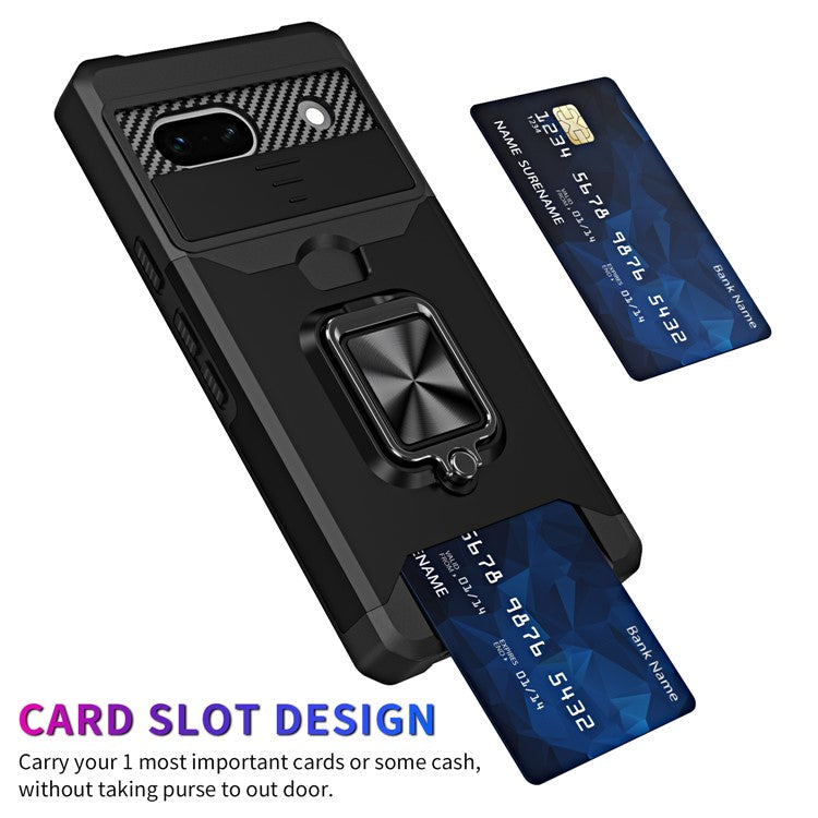 For Google Pixel 7a Card Holder Kickstand Phone Case PC+TPU Hybrid Cover with Slide Camera Lid - Silver