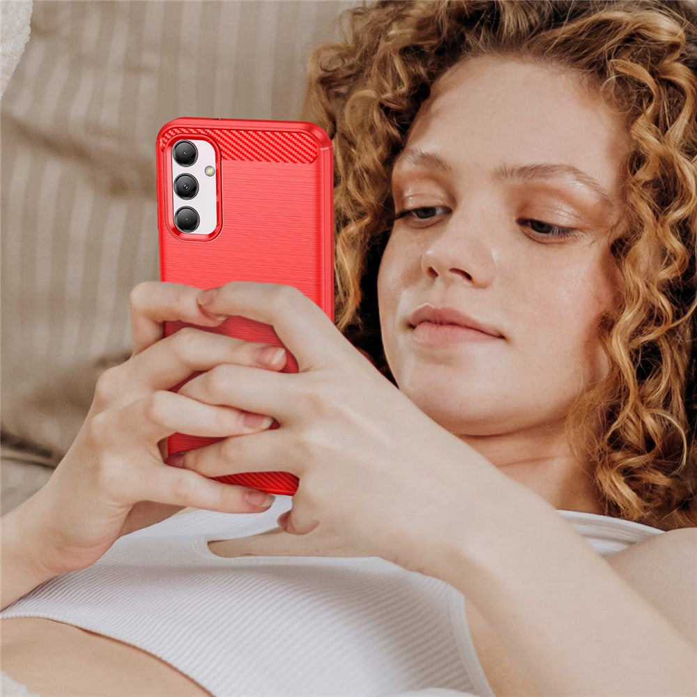 For Samsung Galaxy M14 5G Carbon Fiber Texture Shockproof Brushed TPU Phone Case Cell Phone Cover - Red