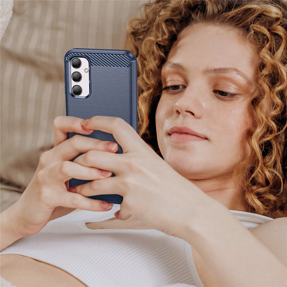 For Samsung Galaxy M14 5G Carbon Fiber Texture Shockproof Brushed TPU Phone Case Cell Phone Cover - Blue