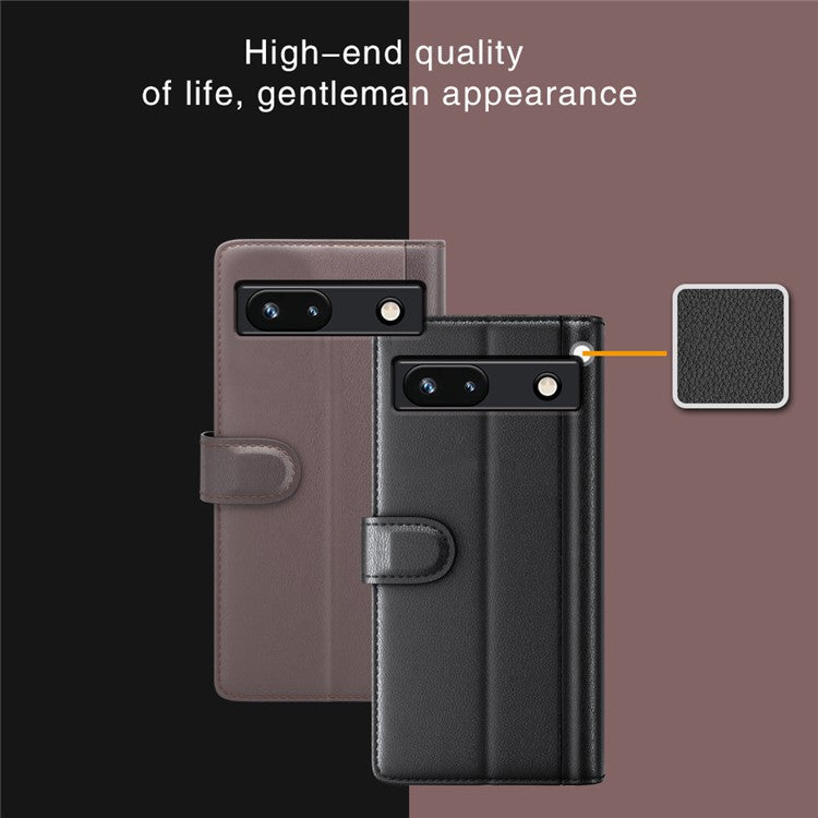 For Google Pixel 7a Genuine Cow Leather Shockproof Phone Case Folding Stand Wallet Protective Cover - Black