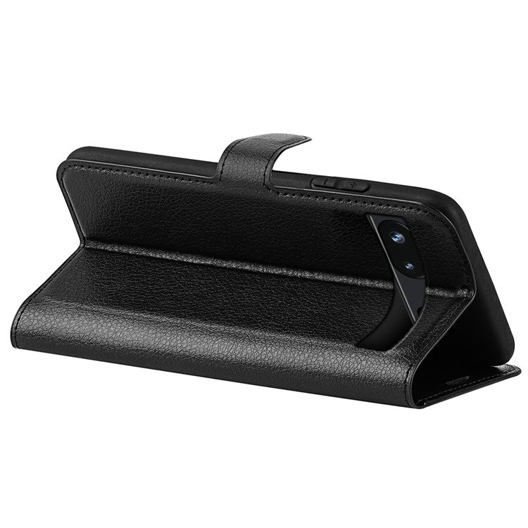 PU Leather Shell for Google Pixel 7a Drop-proof Litchi Texture Phone Case Wallet Stand Flip Cover - Black