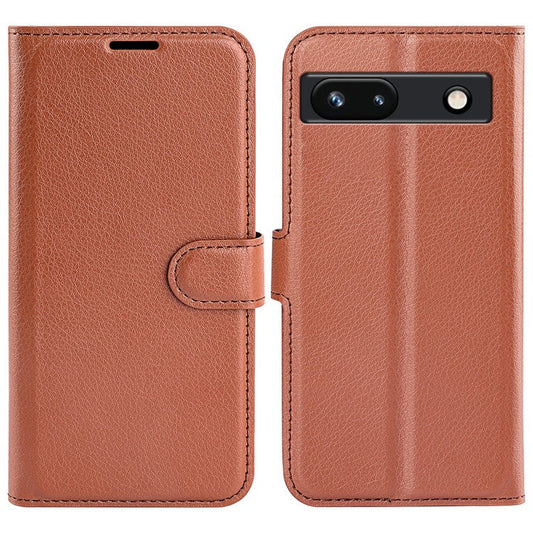 PU Leather Shell for Google Pixel 7a Drop-proof Litchi Texture Phone Case Wallet Stand Flip Cover - Brown